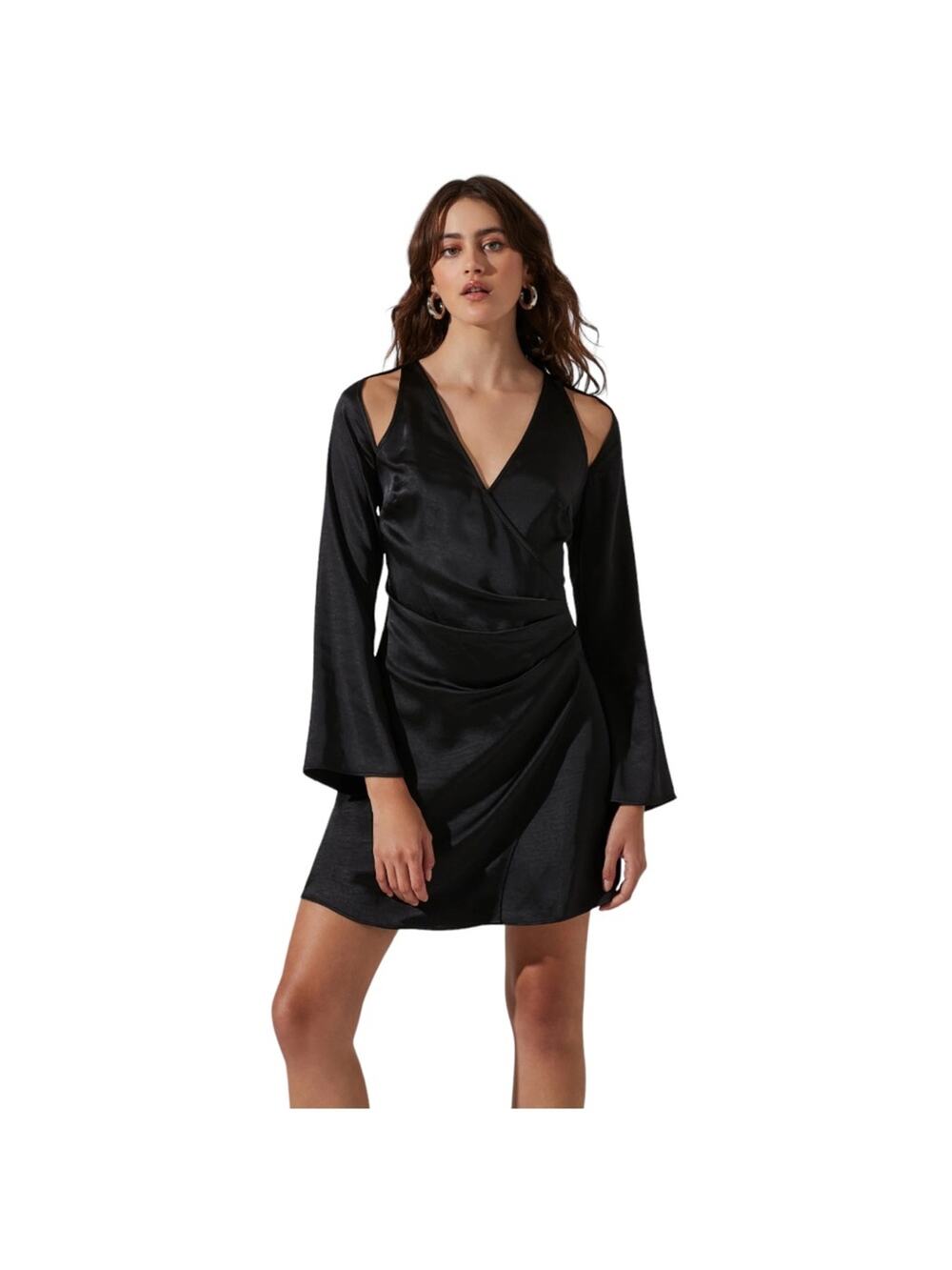 Astr Shoulder Cutout Long Sleeve Satin Mini Dress in Black Medium NWOT